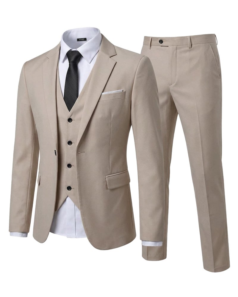 YND Men's Slim Fit 3 Piece Suit Set, One Button Solid Blazer Vest Pants with Tie, for Wedding Party Proms and Business, Beige - Image 1